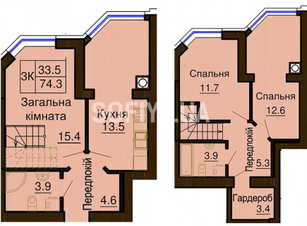 Двухуровневая квартира 74.3 м/кв - ЖК София