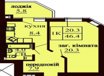 Однокомнатная квартира 46.4 м/кв - ЖК София