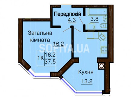 Однокомнатная квартира 37.5 м/кв - ЖК София