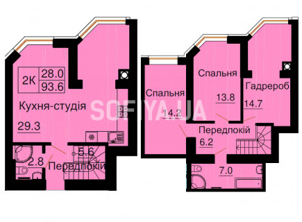 Двухуровневая квартира 93,6 м/кв - ЖК София