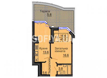 Однокімнатна квартира 45,2 м/кв - ЖК София