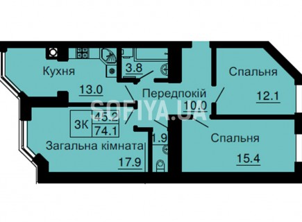 Трехкомнатная квартира 74,1 м/кв - ЖК София