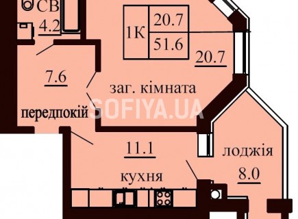 Однокомнатная квартира 51.6 м/кв - ЖК София