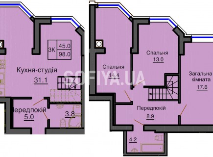 Двухуровневая квартира 98,0 м/кв - ЖК София