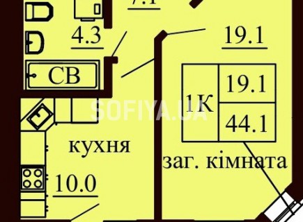 Однокомнатная квартира 44.1 м/кв - ЖК София