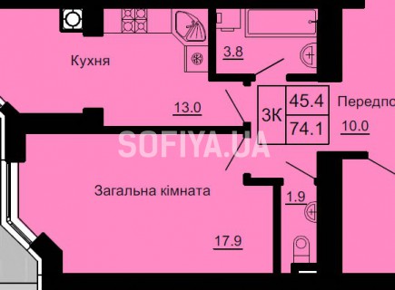 3-х комнатная квартира 74.1 м/кв - ЖК София