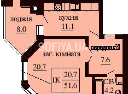 Однокомнатная квартира 51.6 м/кв - ЖК София