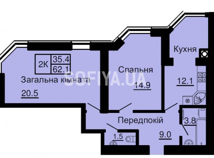 Двухкомнатная квартира 62,1 м/кв - ЖК София