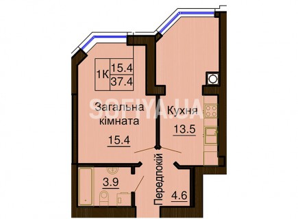 Однокомнатная квартира 37.4 м/кв - ЖК София