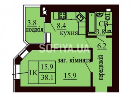 Однокомнатная квартира 38.1 м/кв - ЖК София