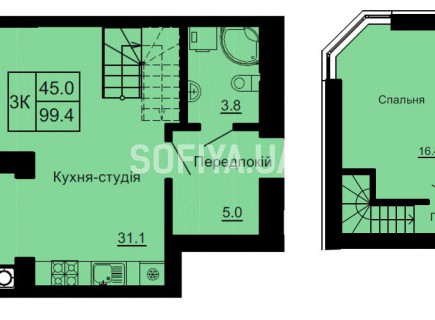 Двухуровневая квартира 99.4 м/кв - ЖК София