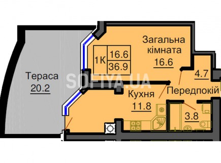 Однокомнатная квартира 36,9 м/кв - ЖК София