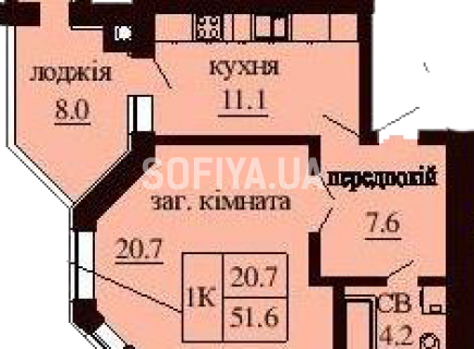 Однокомнатная квартира 51.6 м/кв - ЖК София