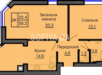 Двухкомнатная квартира 58,2 м/кв - ЖК София