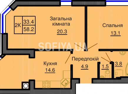 Двухкомнатная квартира 58,2 м/кв - ЖК София