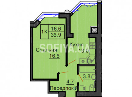 Однокомнатная квартира 36,9 м/кв - ЖК София