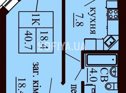 Однокомнатная квартира 40.7 м/кв - ЖК София