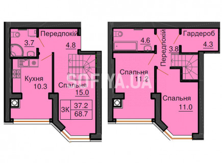 Двухуровневая квартира 68,7 м/кв - ЖК София