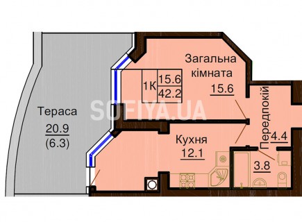 Однокомнатная квартира 42.2 м/кв - ЖК София