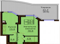 Однокомнатная квартира 39.5 м/кв - ЖК София