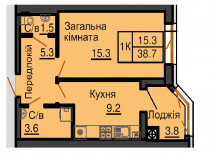 Однокімнатна квартира 38,7 м/кв - ЖК София
