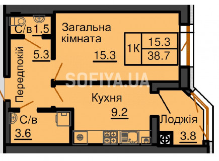 Однокімнатна квартира 38,7 м/кв - ЖК София
