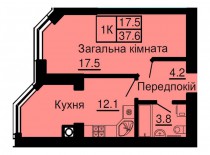 Однокомнатная квартира 37,6 м/кв - ЖК София