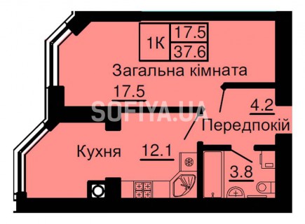 Однокомнатная квартира 37,6 м/кв - ЖК София