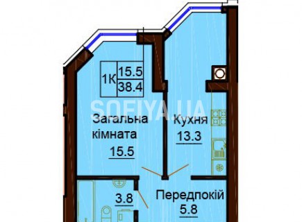 Однокомнатная квартира 38.4 м/кв - ЖК София