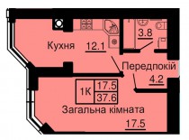 Однокомнатная квартира 37,6 м/кв - ЖК София