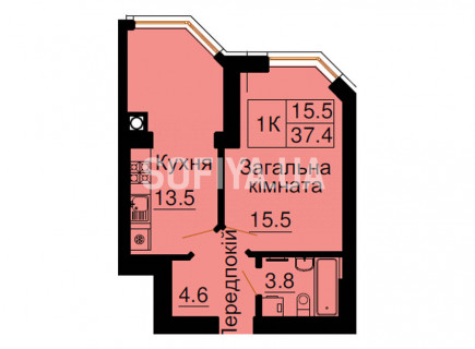 Oднокомнатная квартира 37,4 кв/м - ЖК София