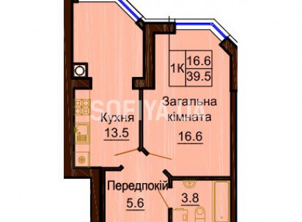 Однокомнатная квартира 39.5 м/кв - ЖК София