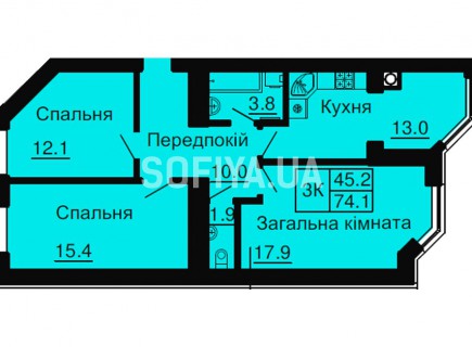 Трехкомнатная квартира 74,1 м/кв - ЖК София