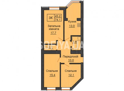 Трехкомнатная квартира 74,1 м/кв - ЖК София