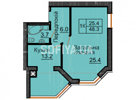 Однокомнатная квартира 48,3 м/кв - ЖК София