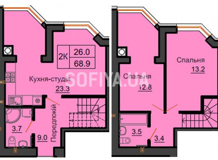 Двухуровневая квартира 68,9 м/кв - ЖК София