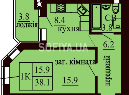 Однокомнатная квартира 38.1 м/кв - ЖК София