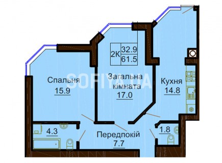 Двухкомнатная квартира 61,5 м/кв - ЖК София