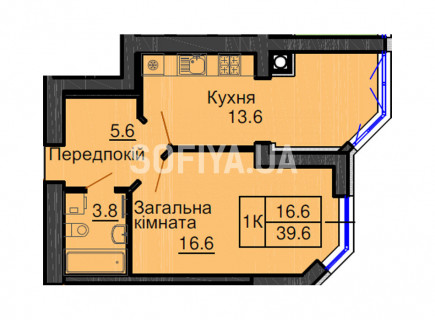 Однокімнатна квартира 39,6 м/кв - ЖК София