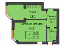 Однокомнатная квартира 44,4 м/кв - ЖК София