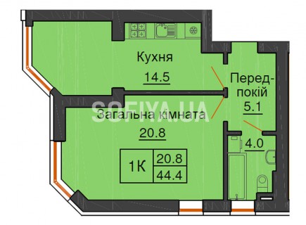 Однокомнатная квартира 44,4 м/кв - ЖК София