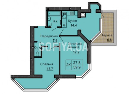 Двухкомнатная квартира 59,9 м/кв - ЖК София