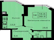 Однокомнатная квартира 39.5 м/кв - ЖК София