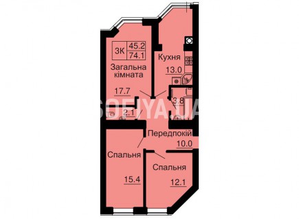 Трехкомнатная квартира 74,1 м/кв - ЖК София