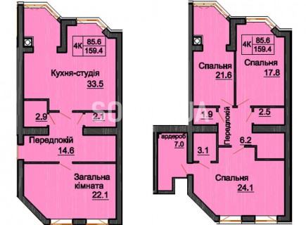 Двухуровневая квартира 159,4 м/кв  - ЖК София