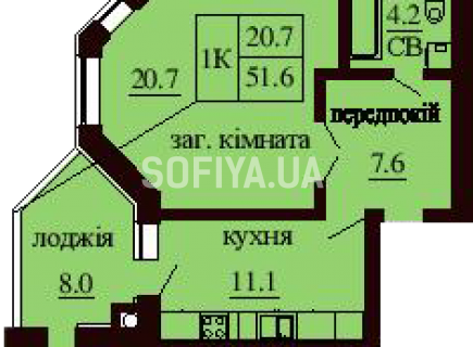 Однокомнатная квартира 51.6 м/кв - ЖК София