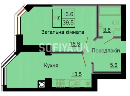 Однокомнатная квартира 39,5 м/кв - ЖК София