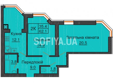 Двухкомнатная квартира 62,1 м/кв - ЖК София