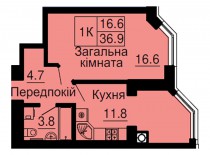 Однокомнатная квартира 36,9 м/кв - ЖК София