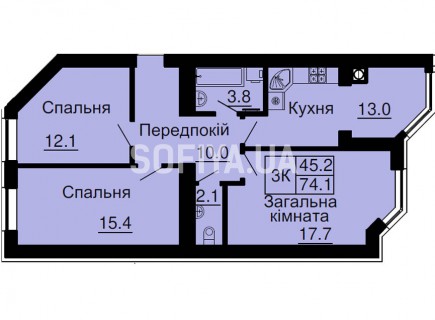 Трехкомнатная квартира 74,1 м/кв - ЖК София